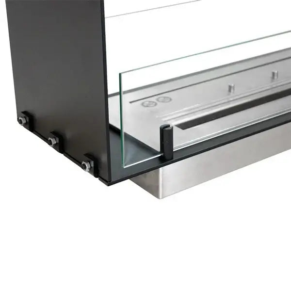 Close-up of Fireplace Foco Two 600 Slim bioethanol fireplace structure, showcasing glass and burner design.