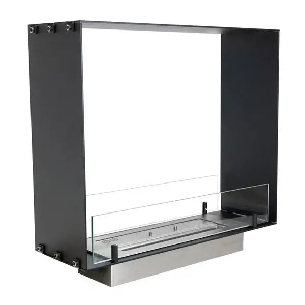 Foco Two 600 Slim bioethanol fireplace with two open sides and glass panel, ideal for thin wall installations.
