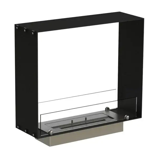 Compact bioethanol fireplace Foco Two 600 Slim with see-through design and sleek black finish.