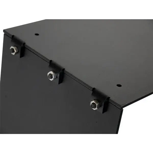 Close-up of a black metal part showing bolts and fasteners, ideal for sturdy construction projects.