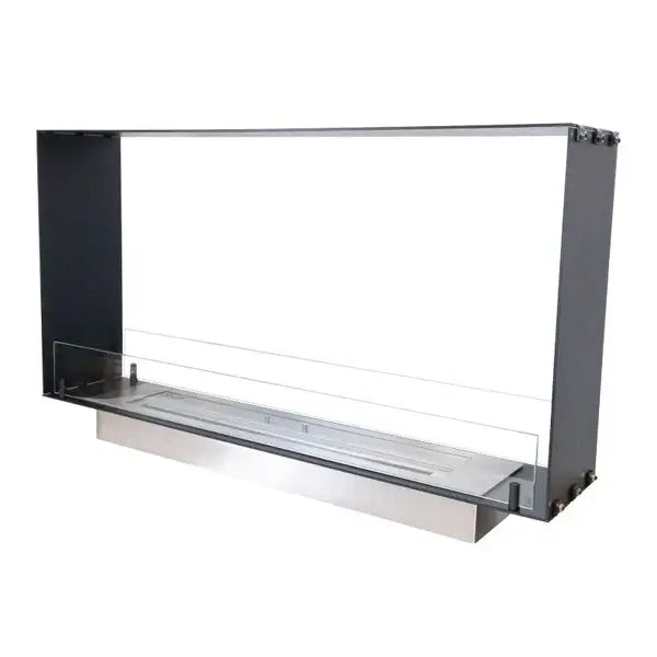 Bioethanol fireplace Foco Two 1000 Slim, sleek see-through design, ideal for thin wall installation, showcasing open flames.