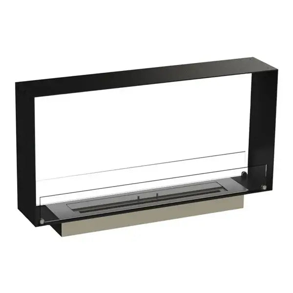 Sleek bioethanol fireplace Foco Two 1000 Slim with see-through design and metal finish, suitable for wall installation.