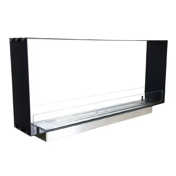 Sleek bioethanol fireplace Foco Two 1200 Slim with see-through design, ideal for modern interiors and room partitioning.