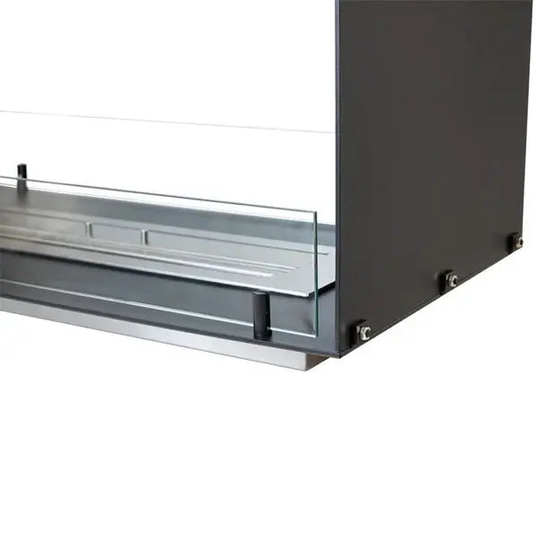 Close-up of the base of a Foco Two 800 bioethanol fireplace with tempered glass and stainless steel design.
