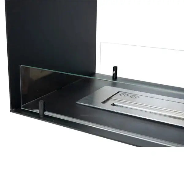Close-up of the Fireplace Foco Two 800 showing the stainless steel burner and protective glass panel.