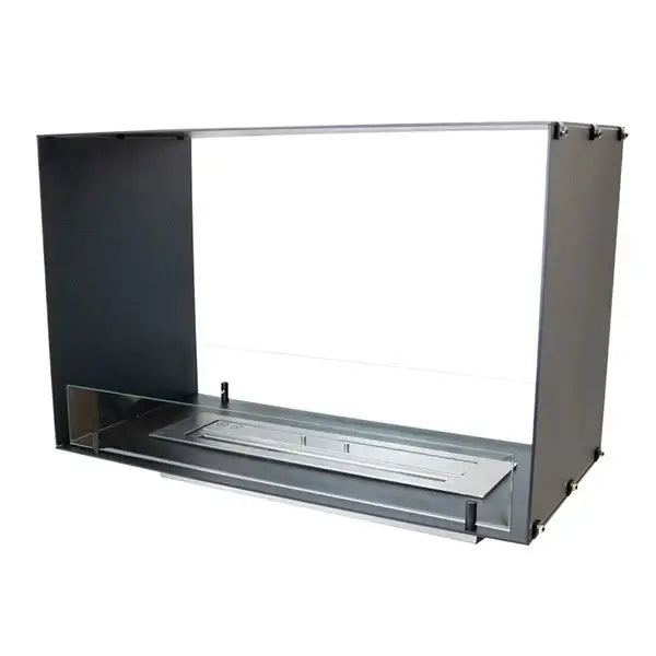 Modern built-in bioethanol fireplace insert featuring a sleek stainless steel design and tempered glass protection.