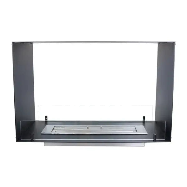 Foco Two 800 bioethanol fireplace with stainless steel and tempered glass, showcasing a modern design and built-in functionality.
