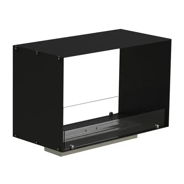 Bioethanol fireplace Foco Two 800 with tempered glass and black powder-coated stainless steel design.