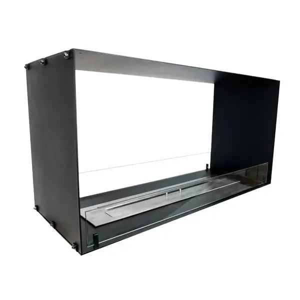 Modern bioethanol fireplace insert, Foco Two 1000, with tempered glass panels and sleek black finish.