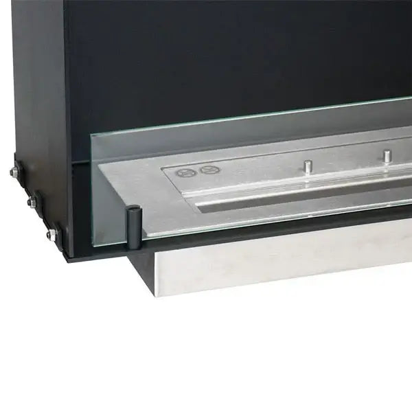 Close-up of the sleek stainless steel base and glass panel of the Fireplace Foco One 800 Slim bioethanol fireplace insert.