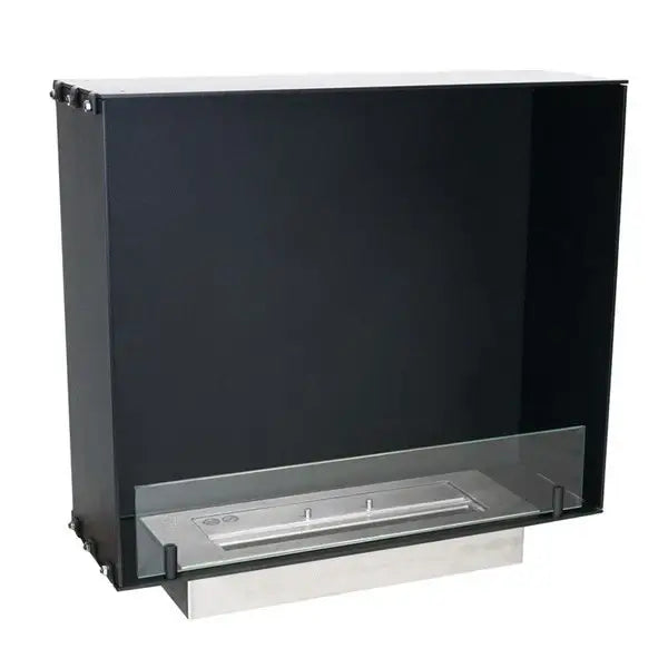 Sleek bioethanol fireplace Foco One 800 Slim with glass front and stainless steel burner, perfect for modern interiors.