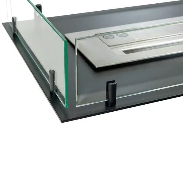 Close-up of Fireplace Foco Room Divider 800 showing stainless steel burner and tempered glass panels.