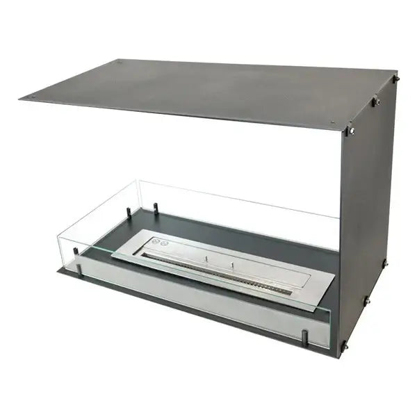 Modern Foco Room Divider 800 bioethanol fireplace with stainless steel and tempered glass design.