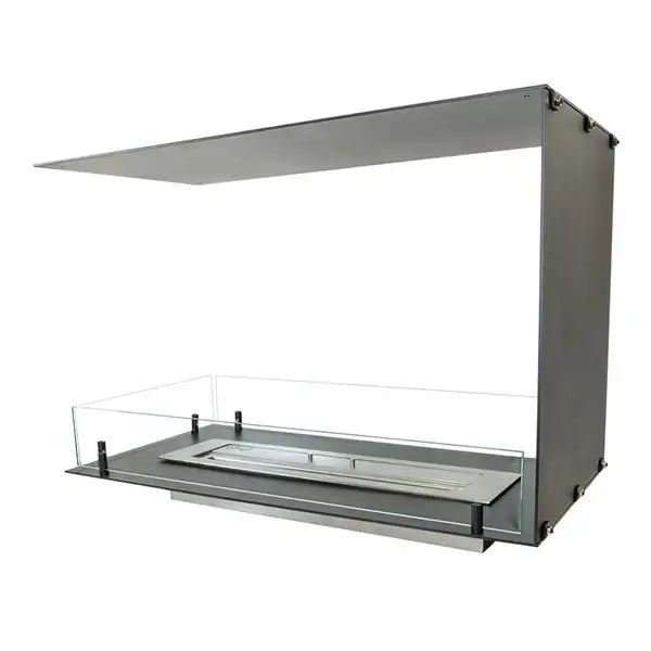 Modern bioethanol fireplace insert with stainless steel and glass panels for indoor room divider.