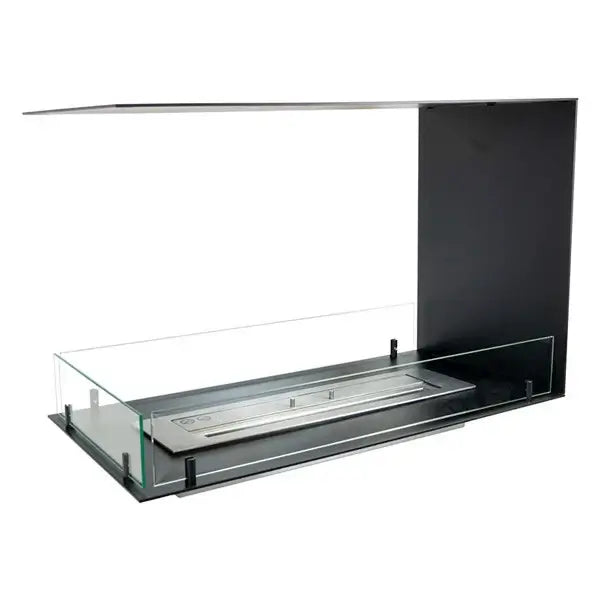 Modern bioethanol fireplace insert with stainless steel burner and tempered glass panels, ideal for stylish room dividers.