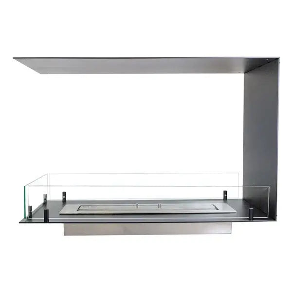 Modern bioethanol fireplace room divider with stainless steel and tempered glass design, ideal for contemporary spaces.