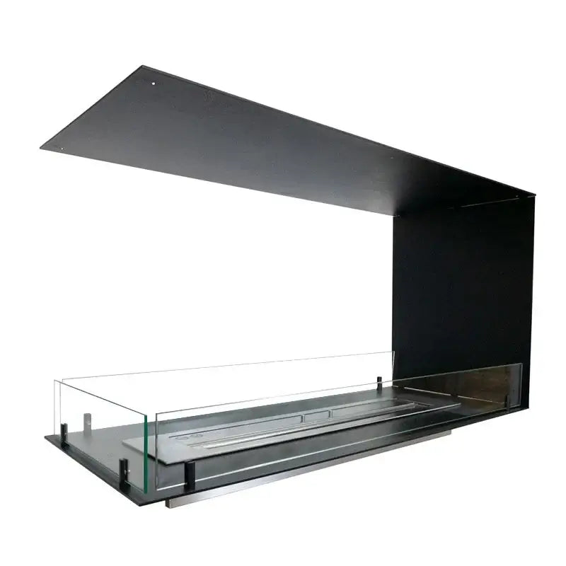 Modern bioethanol fireplace insert with glass and steel design for elegant indoor heating and ambiance.