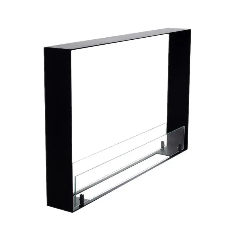 Modern black built-in bioethanol fireplace with glass panel for stylish home decor.