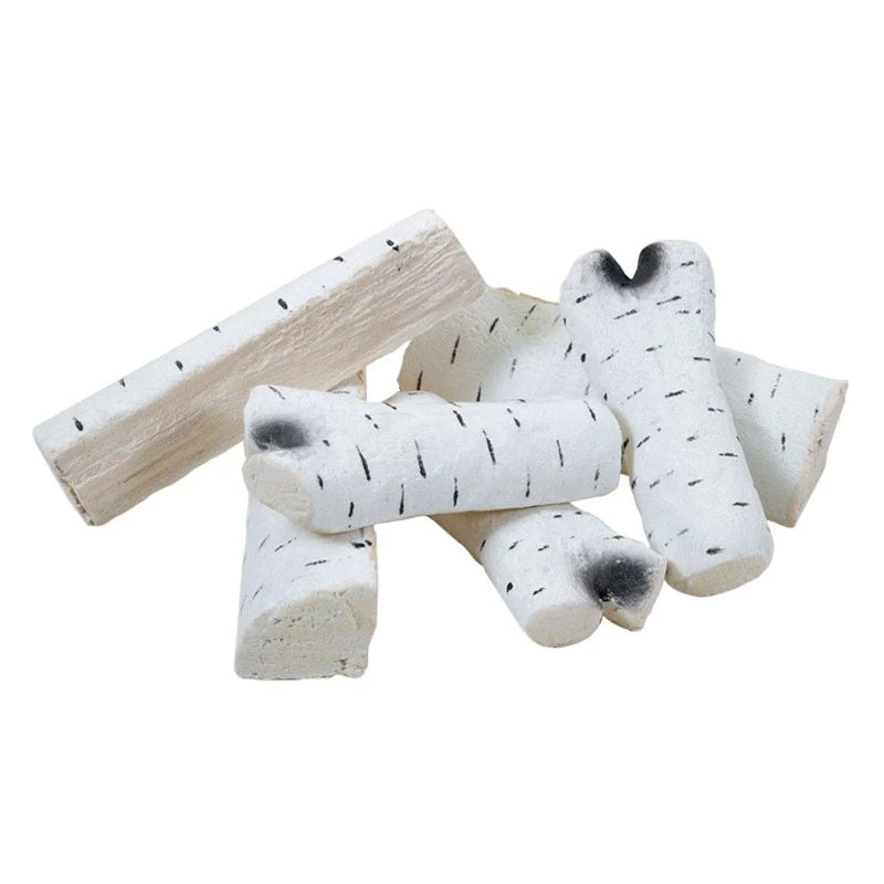 Decorative ceramic birch logs for bio fireplace, set of six pieces, creating a natural flame ambiance.
