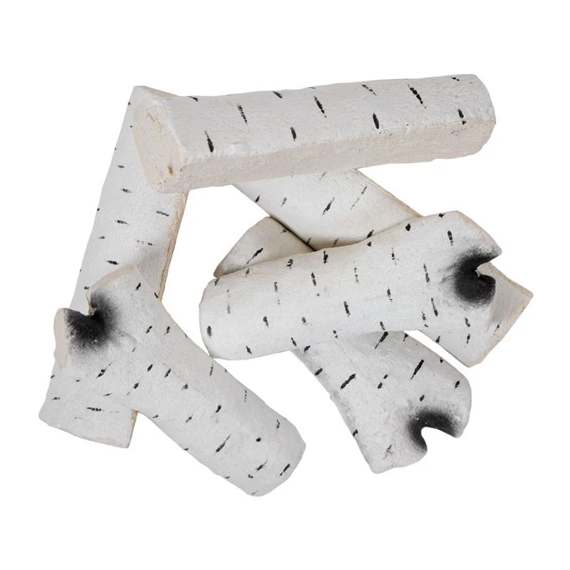 Decorative ceramic birch logs for bio fireplace, set of six, adding a natural touch to flames.