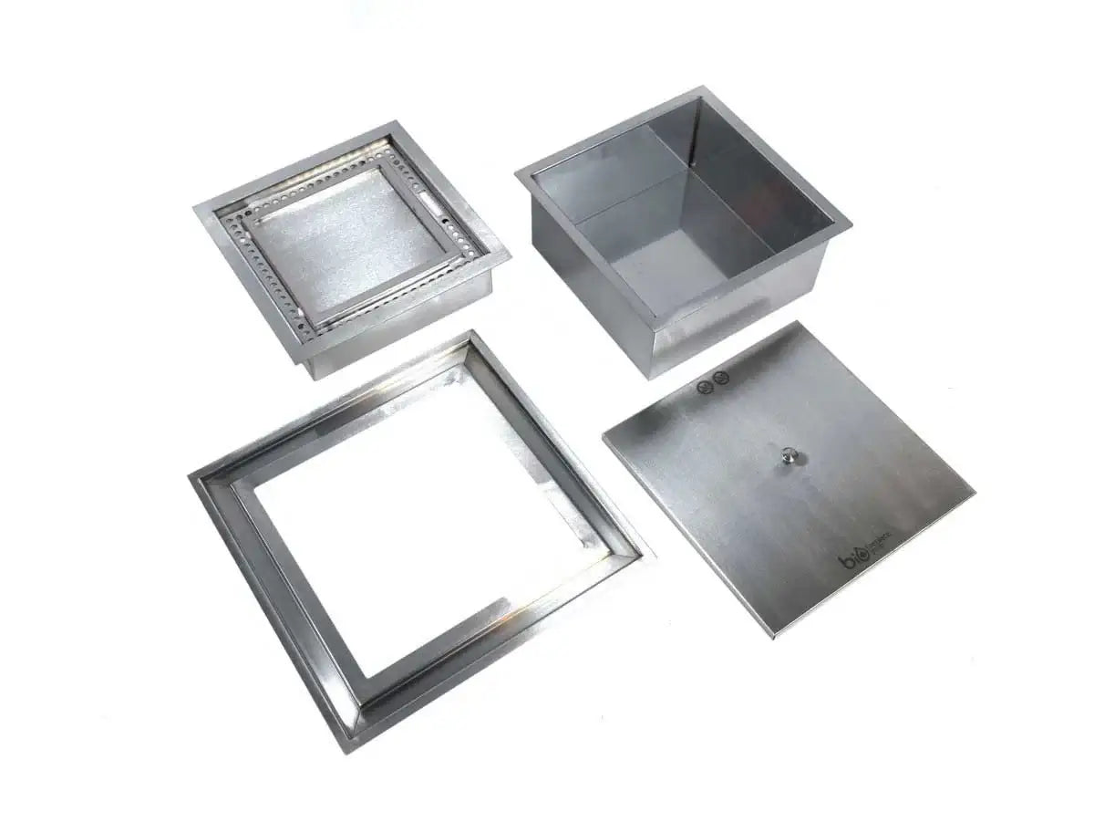 Square stainless steel components for bioethanol burner featuring a lid and frame.