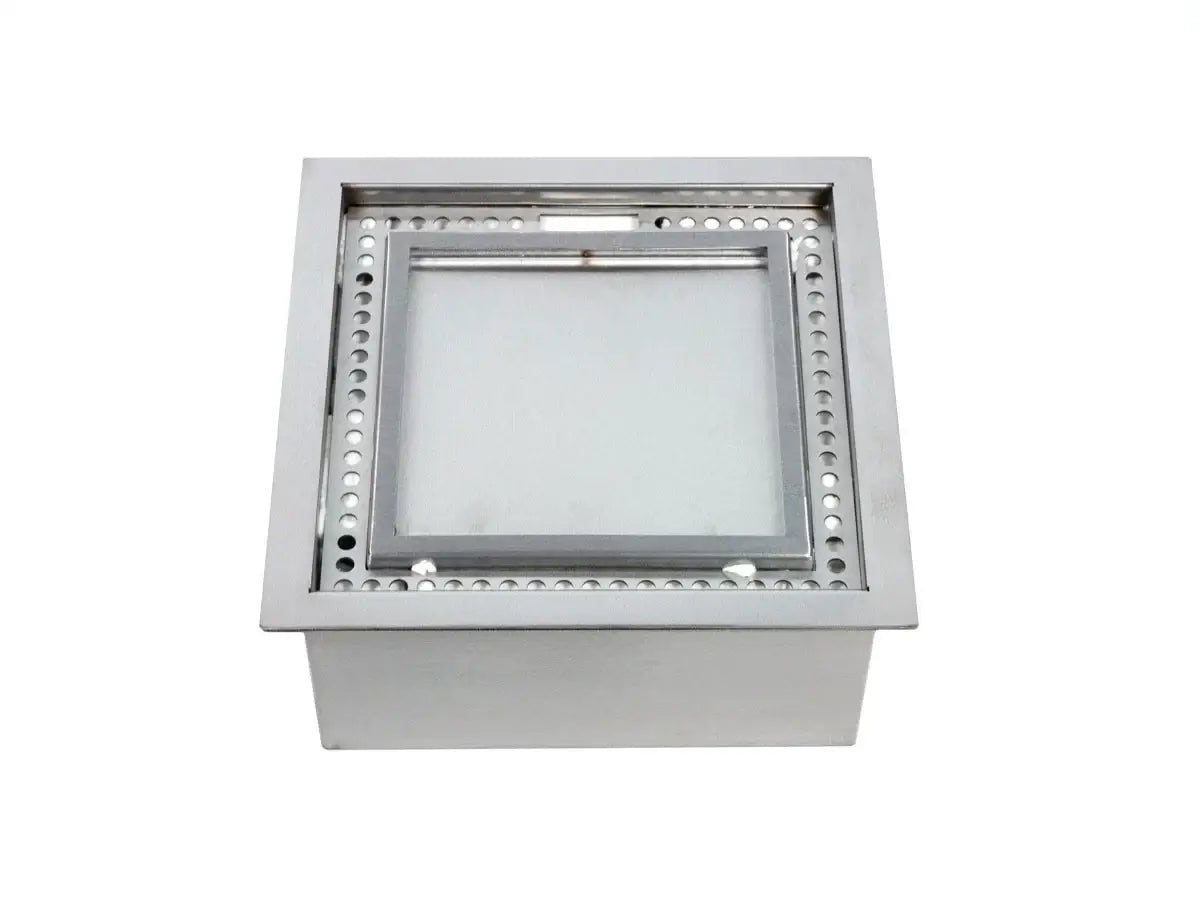 Square bioethanol burner with stainless steel finish and glass surface for indoor use, ScandiFlames product.