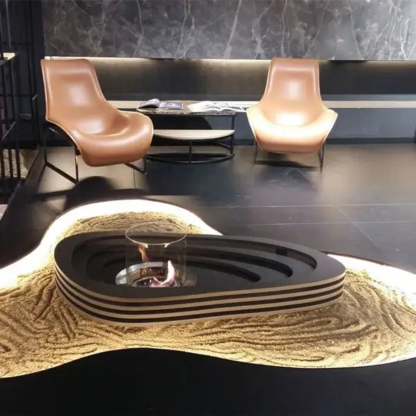 Modern Planika Rondo Commerce Insert bio-ethanol fireplace in stylish living room with unique seating.