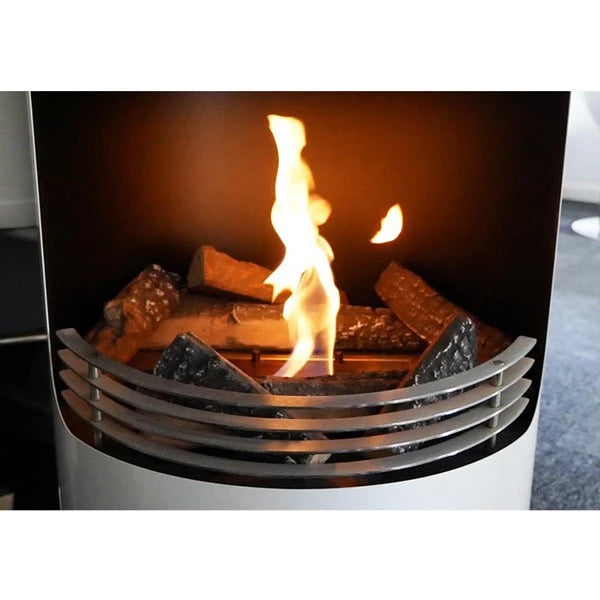 Bio fireplace with ceramic logs and flames, providing warmth and ambiance in a modern setting.