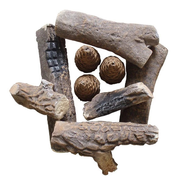 9 decorative ceramic logs for bio fireplace, different sizes, realistic wood appearance.
