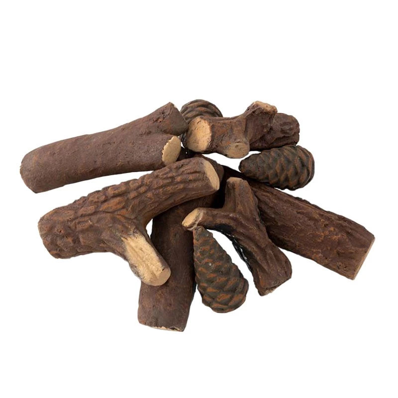 9 decorative ceramic logs and cones for bioethanol fireplace, adds realistic wood look.