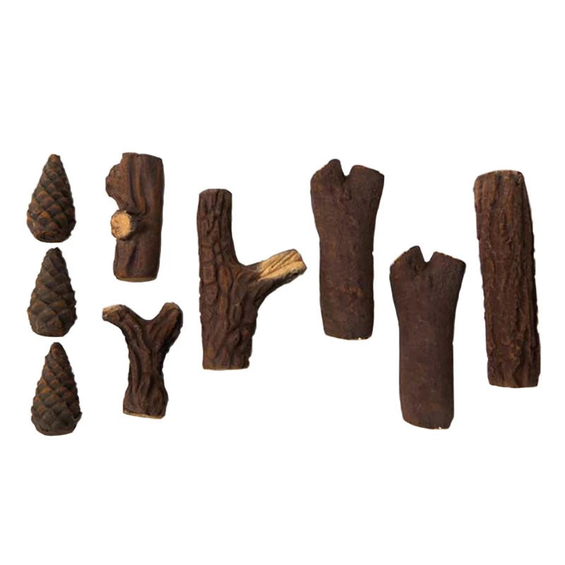 Decorative ceramic wood logs for bio fireplaces, includes 9 realistic ceramic pieces in various sizes.