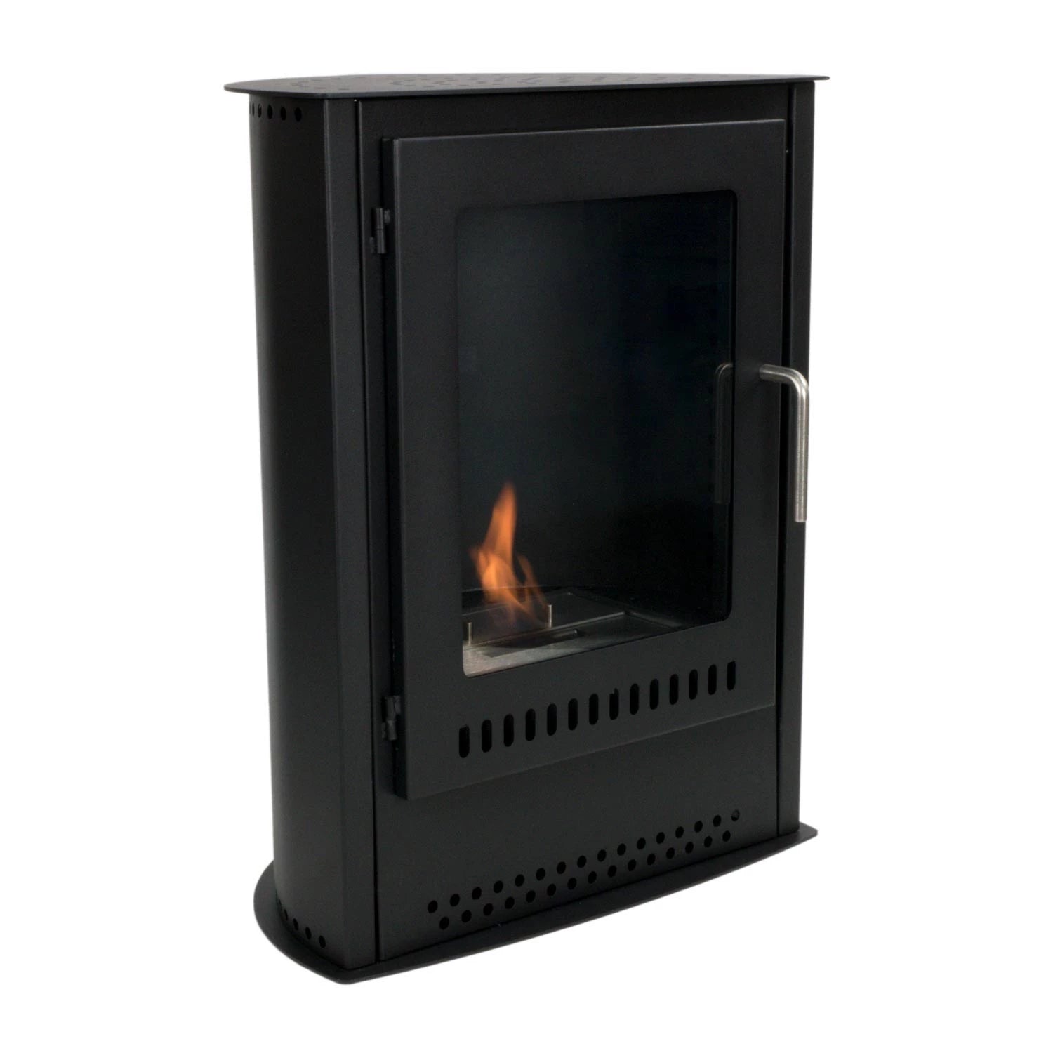 Small freestanding bioethanol fireplace with a classic design and visible flame, ideal for cozy spaces.