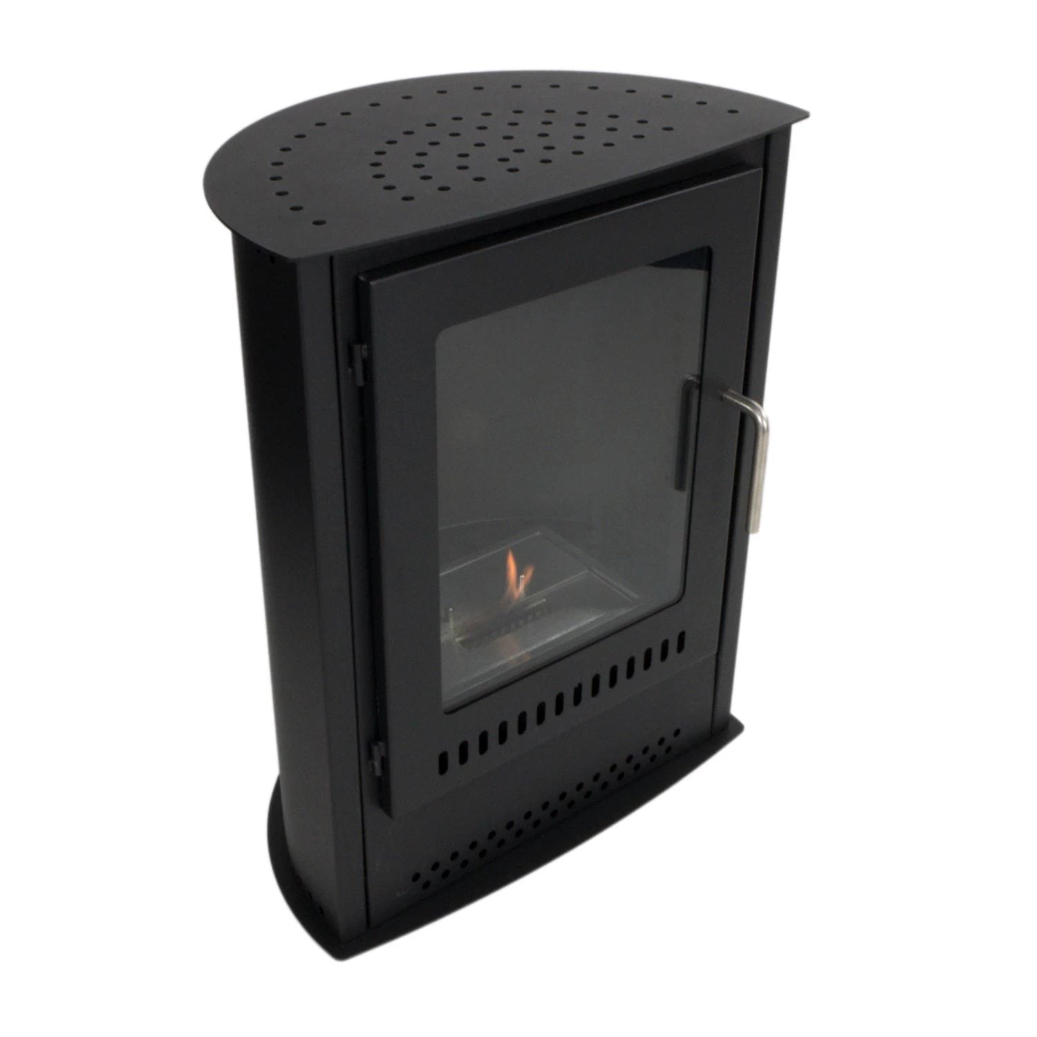 Carson small bioethanol stove fireplace, freestanding design with glass front and captivating flame.