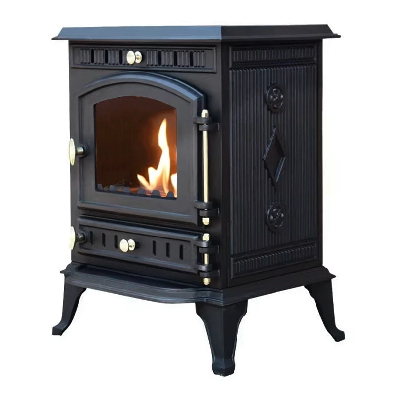 Molde cast iron bioethanol stove with adjustable burner and traditional design, featuring visible flame and decorative markings.
