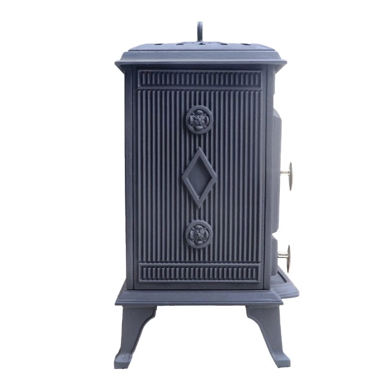 Molde cast iron bioethanol stove with elegant markings and traditional design, freestanding and manual burner.