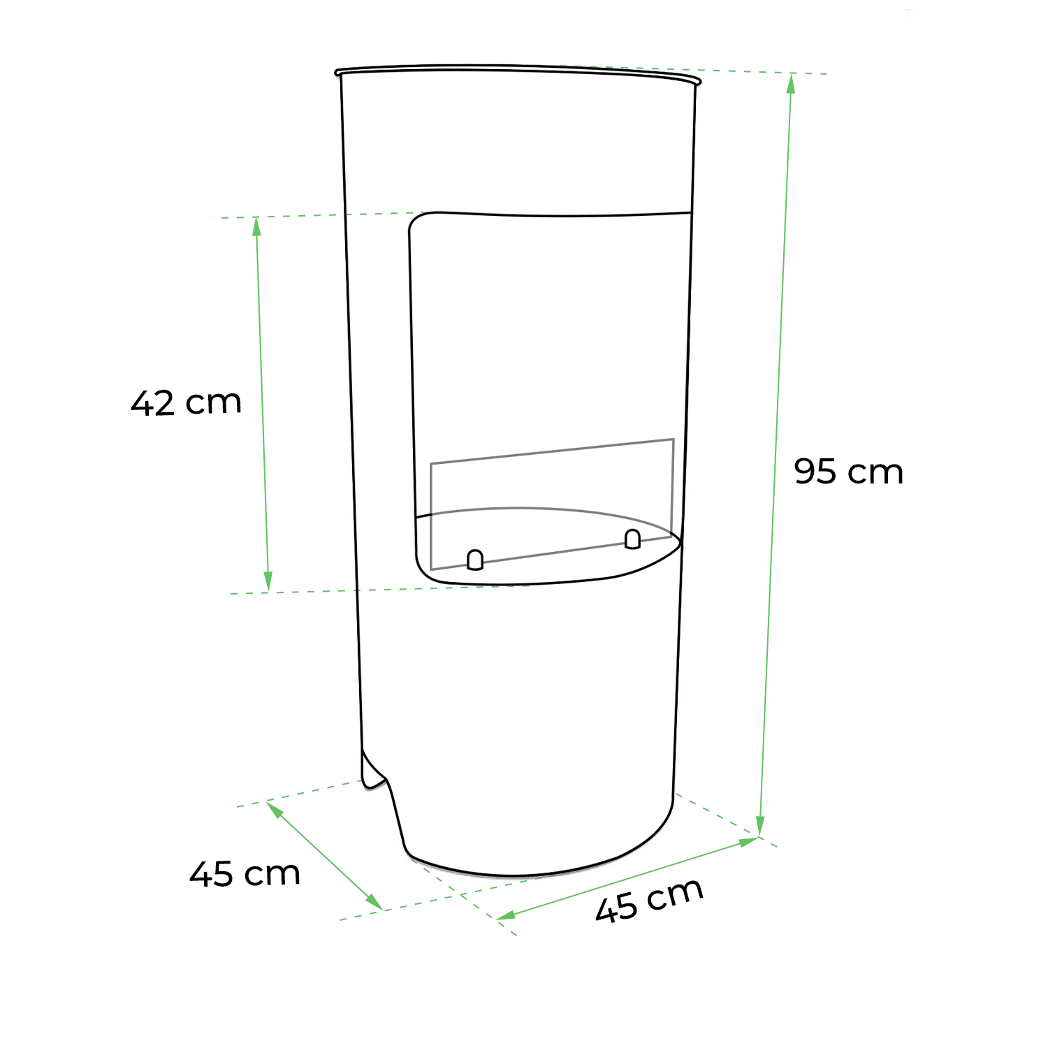 Dimensions of Montgomery White Open Bioethanol Wood-stove: 95 cm height, 45 cm width, 42 cm depth.