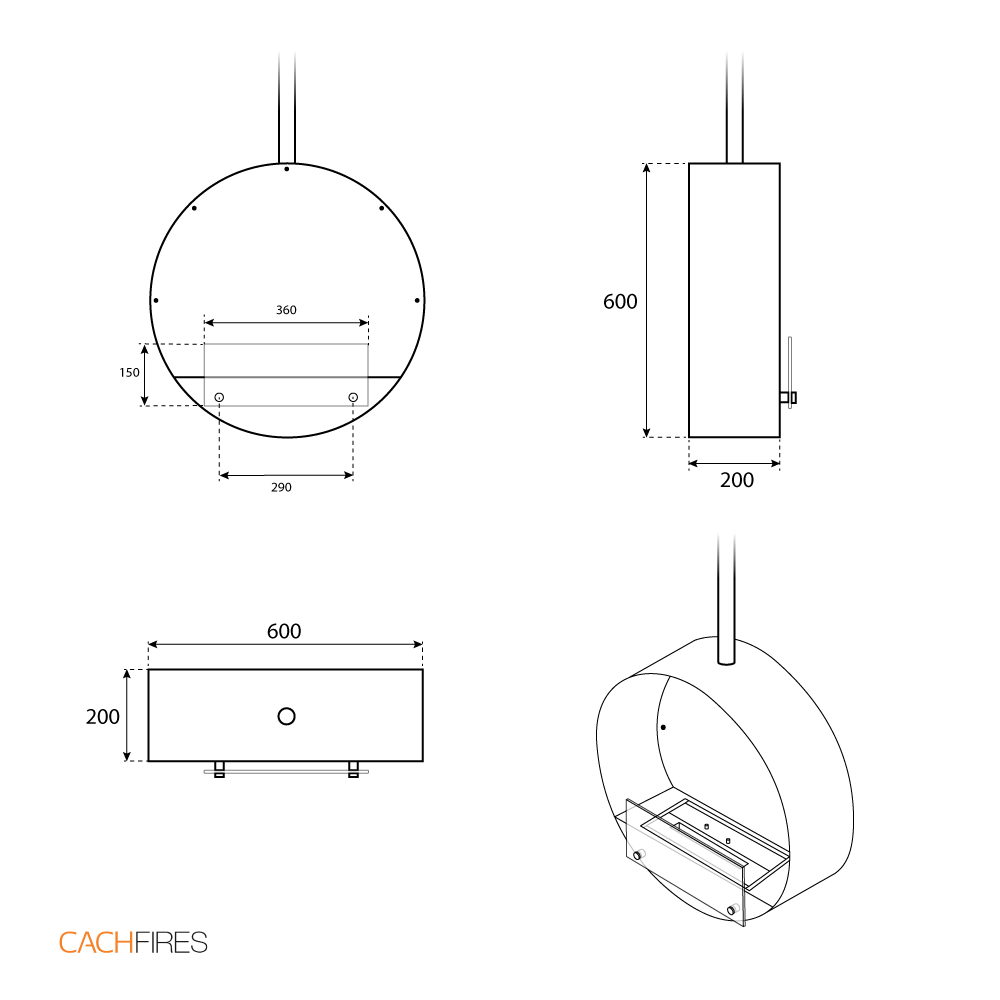 Technical drawing of Ottawa Steel hanging bioethanol fireplace with dimensions and design details.