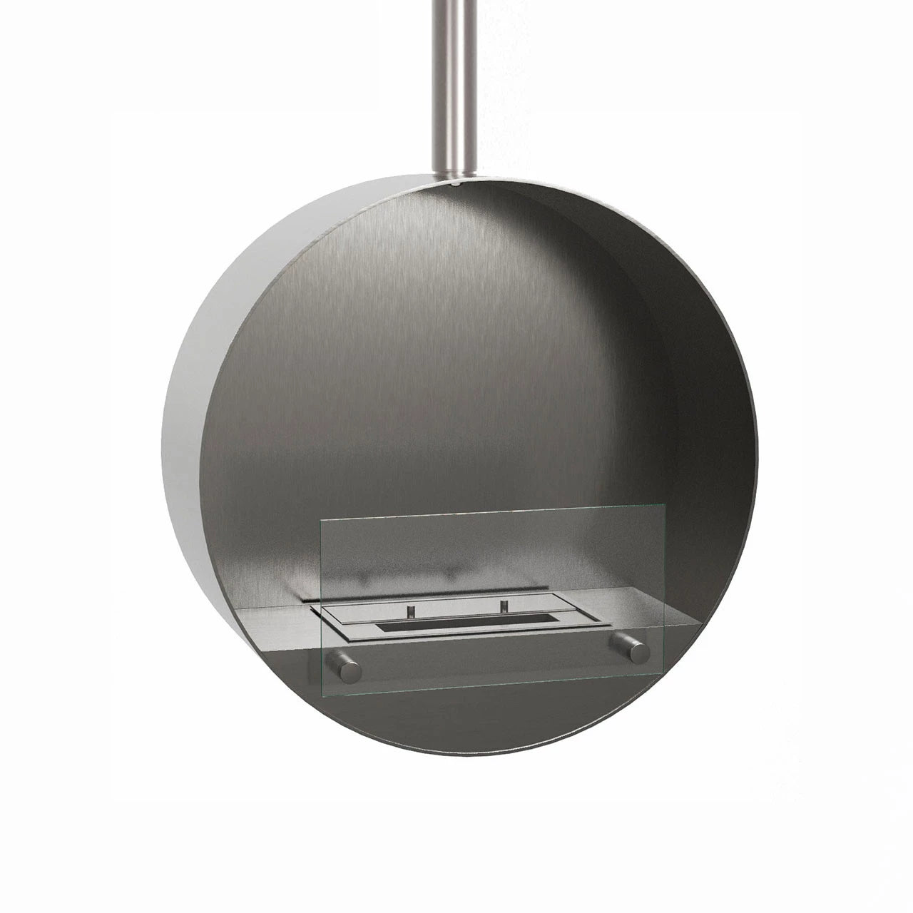 Ottawa Steel suspended bioethanol fireplace with brushed steel finish and glass front, 50 cm diameter.