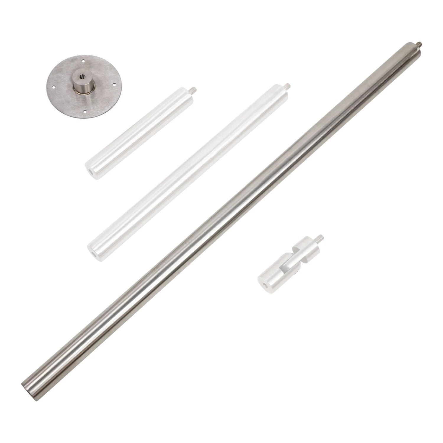 Components of a hanging bioethanol fireplace mounting kit, including metal rods and brackets for installation.