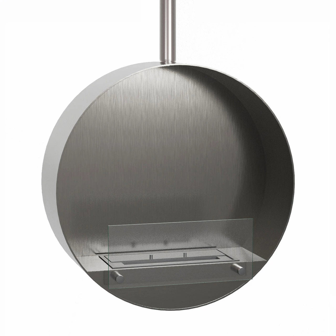 Ottawa Steel 60 cm hanging bioethanol fireplace with brushed steel finish and glass burner.