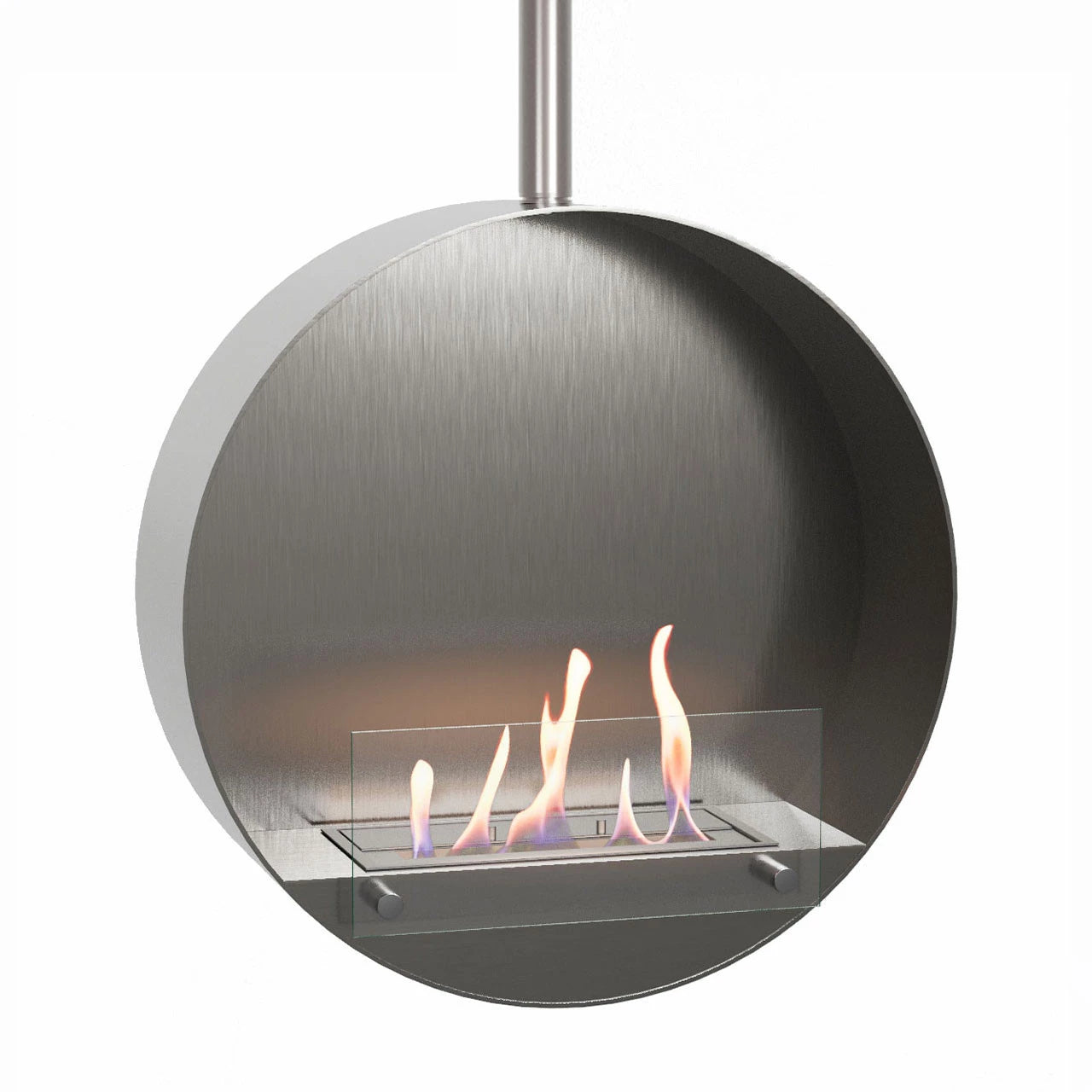 Ottawa Steel hanging bioethanol fireplace, 60 cm, with modern design and visible flames in brushed steel finish.