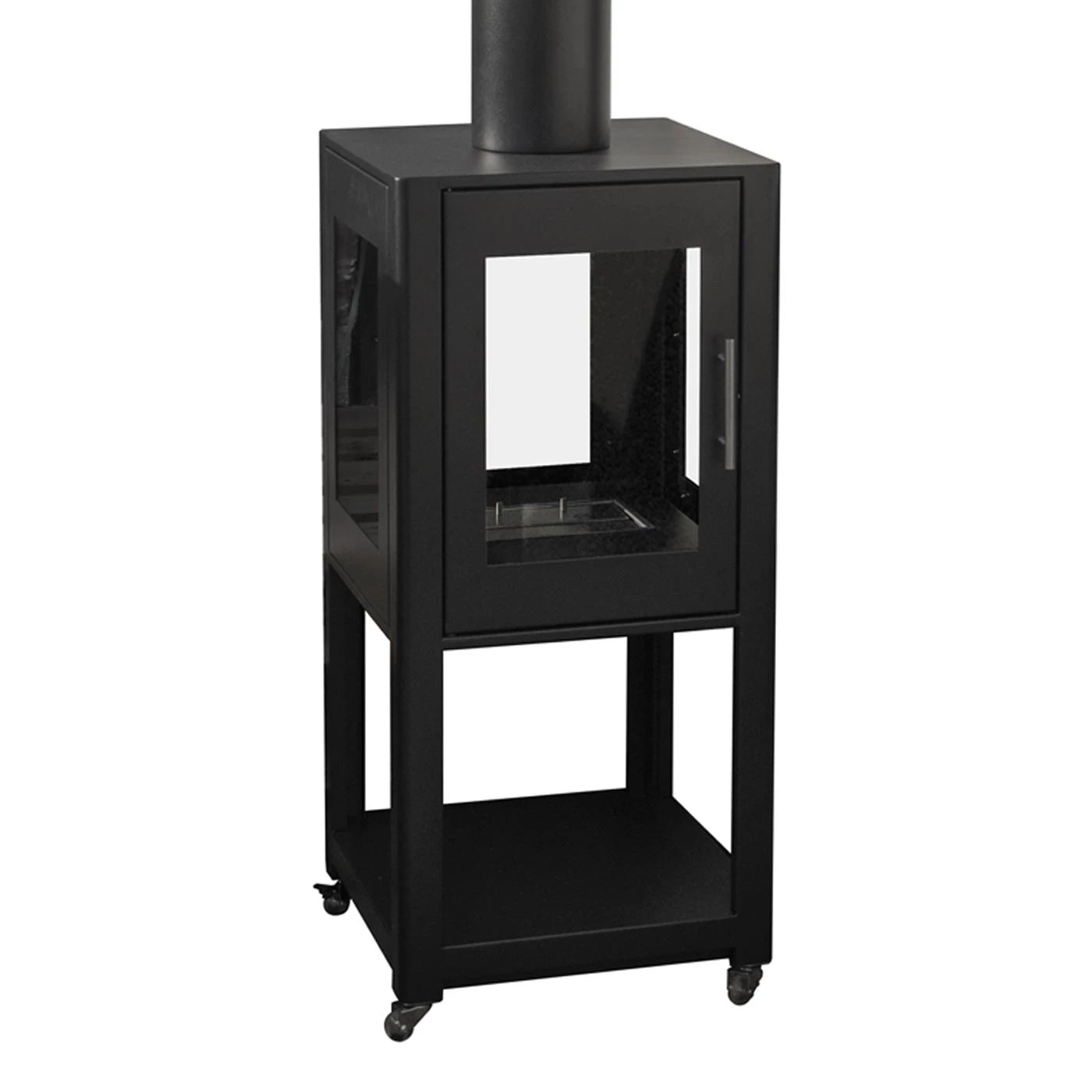 Natura garden fireplace with black powder-coated stainless steel and glass panels, perfect for outdoor use.