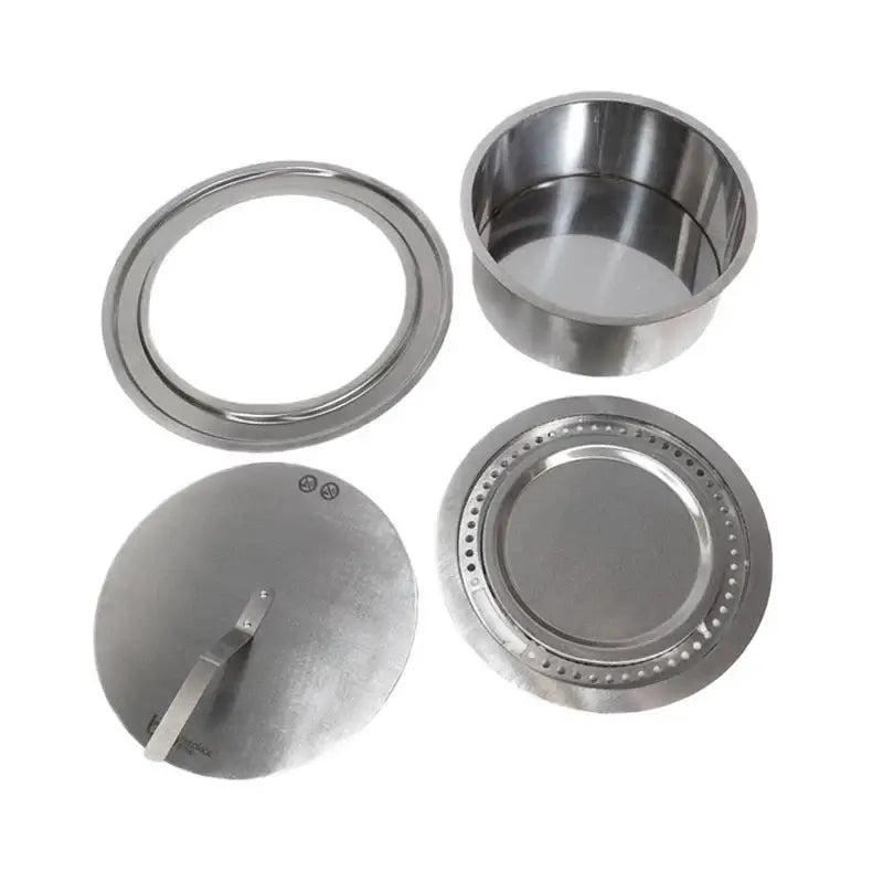 Components of a Round Bioethanol Burner including stainless steel parts for DIY bio fireplace projects.