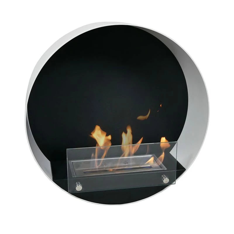 Contemporary round white wall mounted bioethanol fireplace with visible flames and black backdrop, showcasing modern design.