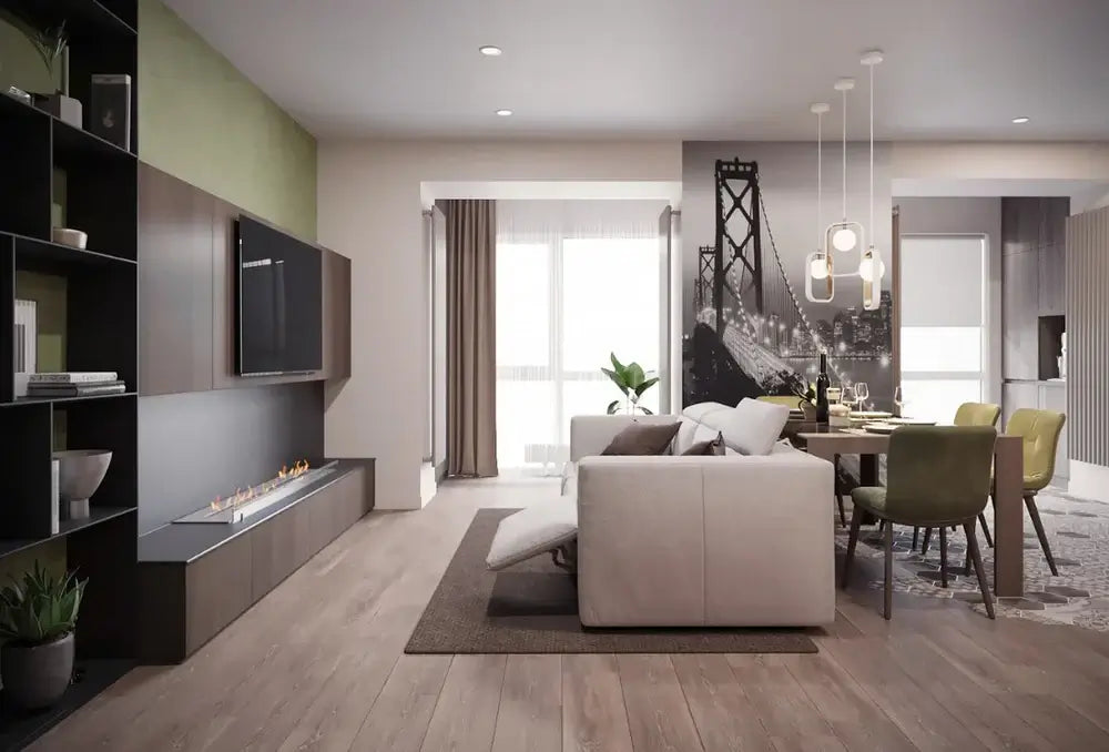 Modern living room with DALEX Touch 1000 bioethanol fireplace, stylish furniture, and dining area.