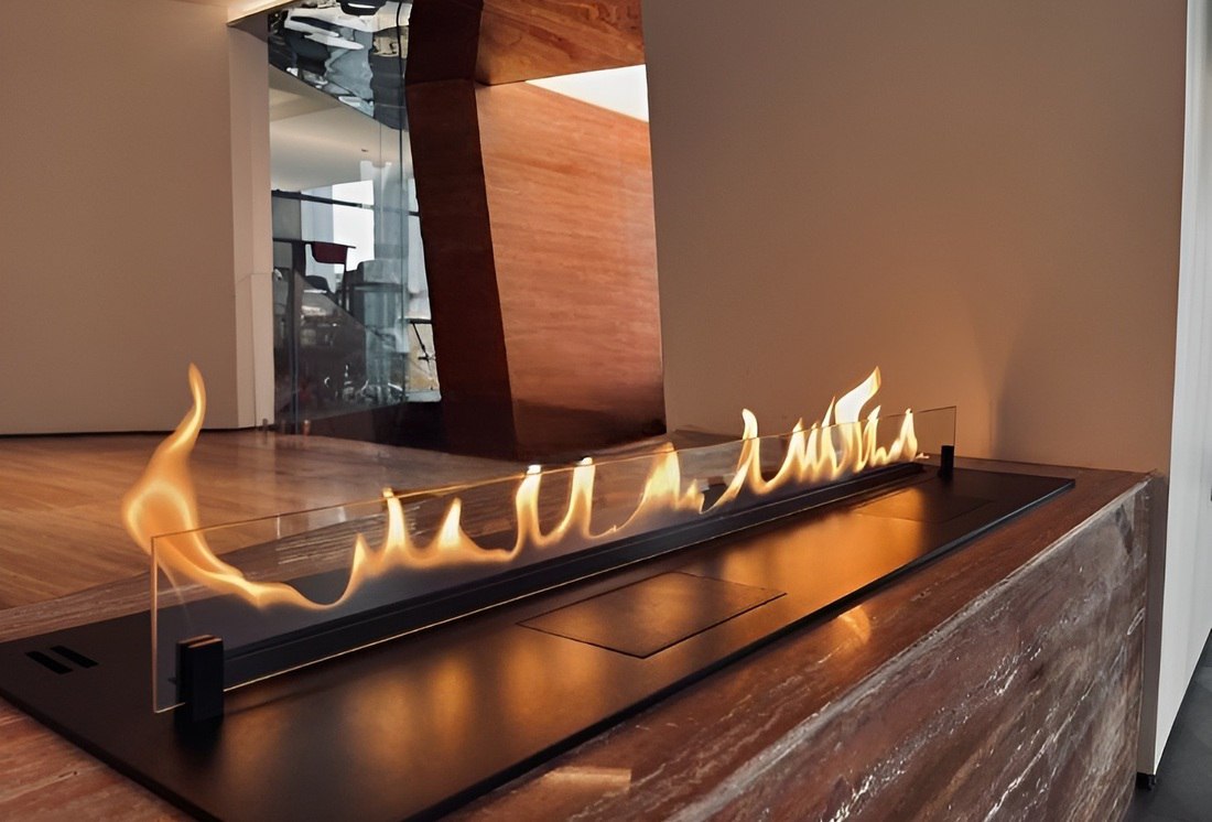 Sleek automatic bioethanol fireplace DALEX 3000 with flame display in modern interior setting.