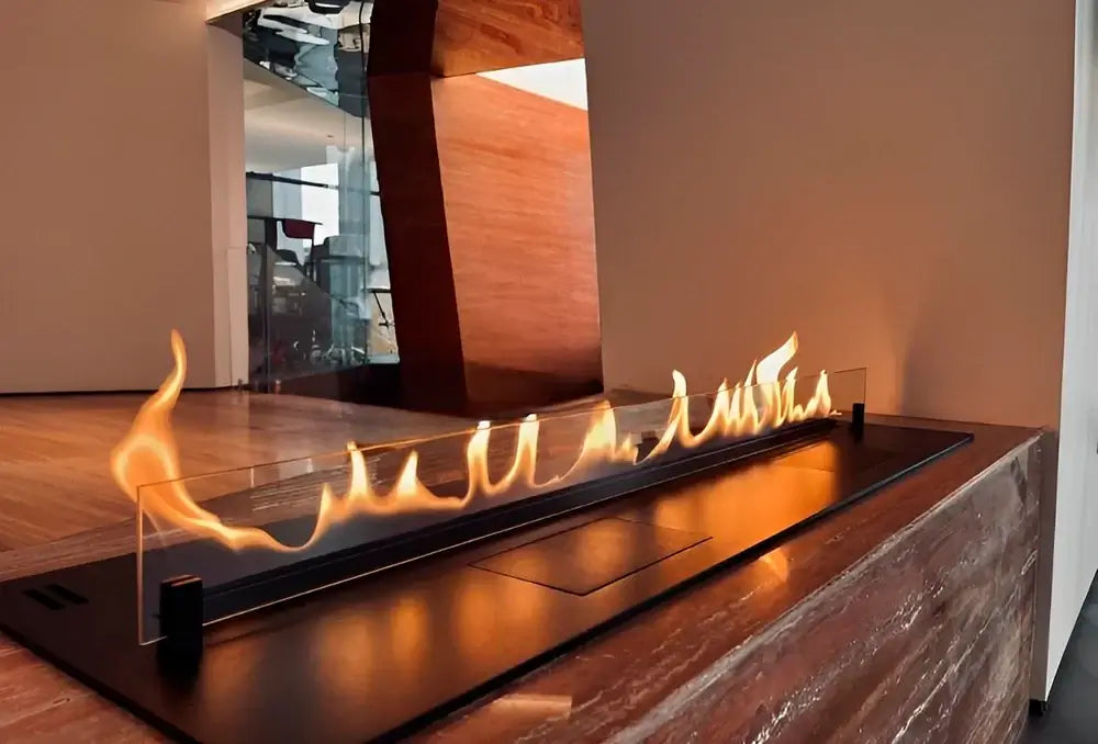 Modern DALEX Touch 1000 bioethanol fireplace with sleek design and elegant flame display in contemporary setting.