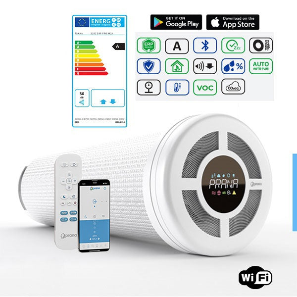 Recuperator PRANA 210C ERP PRO, a heat recovery ventilator with remote control, displaying energy efficiency features.