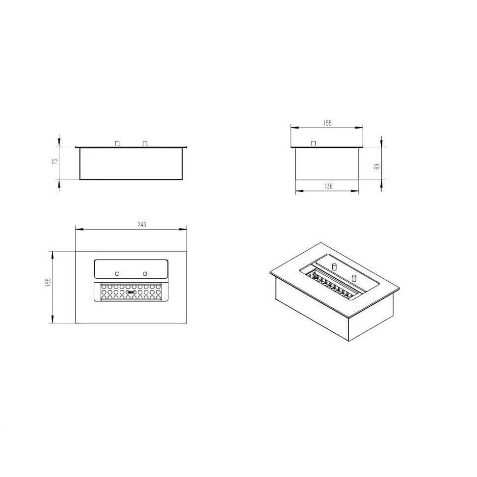 Diagram of a 1.3 Liter Premium Bioethanol Burner with dimensions for DIY fireplace projects.