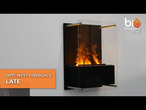 Yosemite wall-mounted water vapour fireplace in black with glass panel showcasing flame effect.